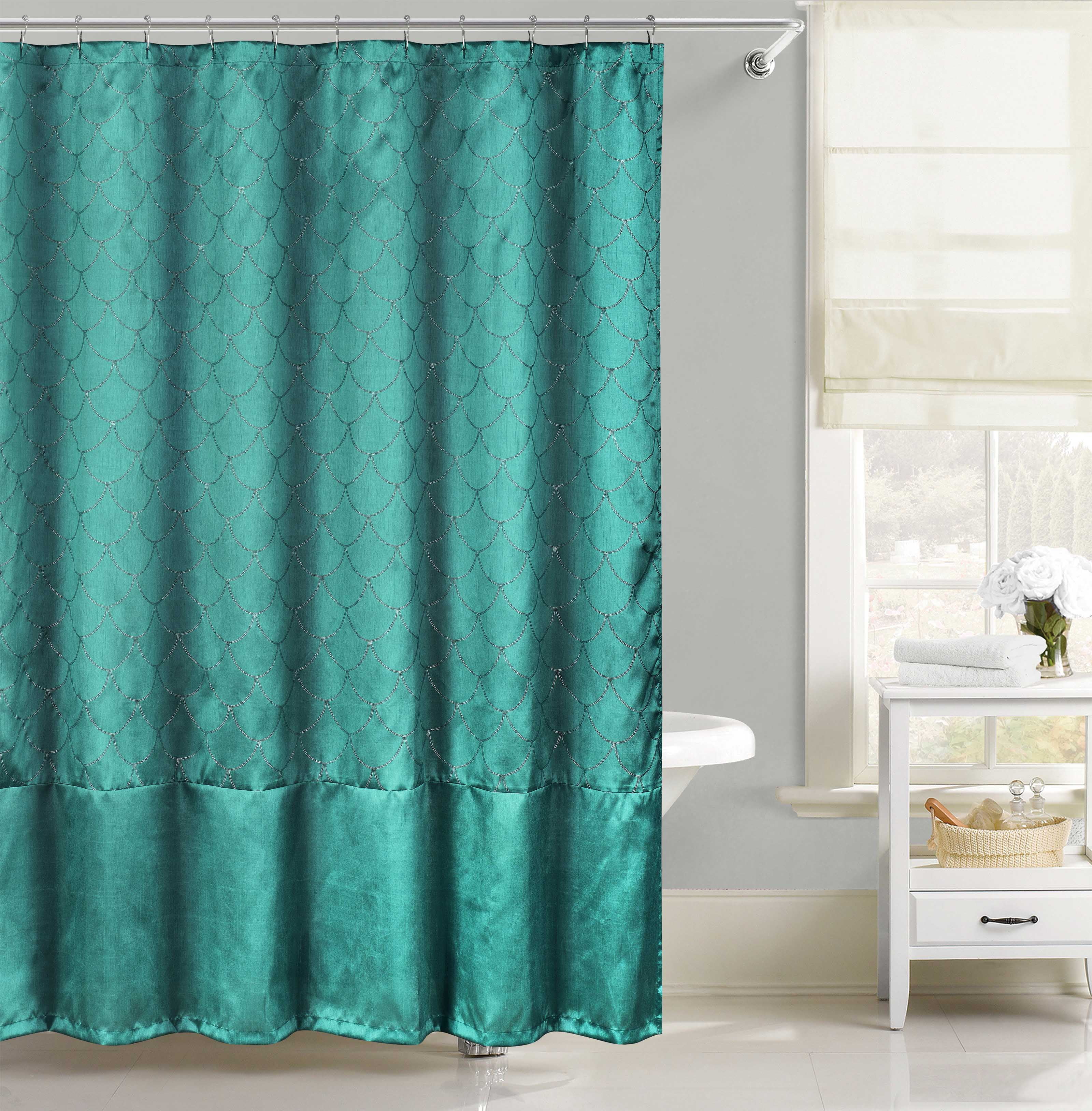 Teal Faux Silk Fabric Shower Curtain Metallic Silver Raised Pin Dot