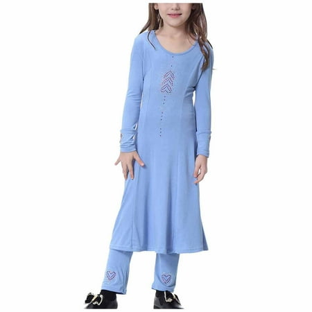 Muslim Long Dress Medium Big Girls Long Sleeve V Neck Colorblock Dress On Sale Chrismas Gift Sky Blue
