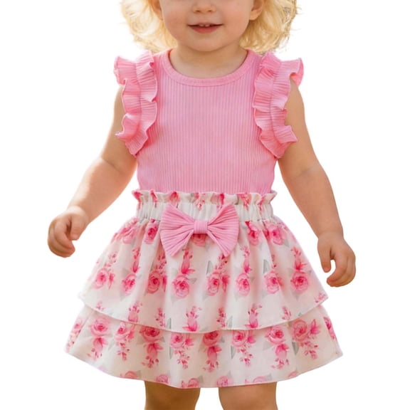 Tiijoy Girls Summer Outfits Cute Ruffle Ribbed Tank Top and Floral Skirt Set, Sizes 9-12 Months