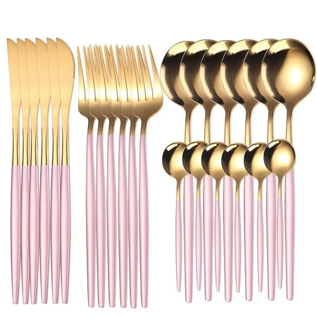 

Flatware Serving Set 24 Piece Stainless Steel Silverware Set Titanium Black Cutlery Set Modern Elegant Tableware Set for Party Christmas Dinner - Pink Gold