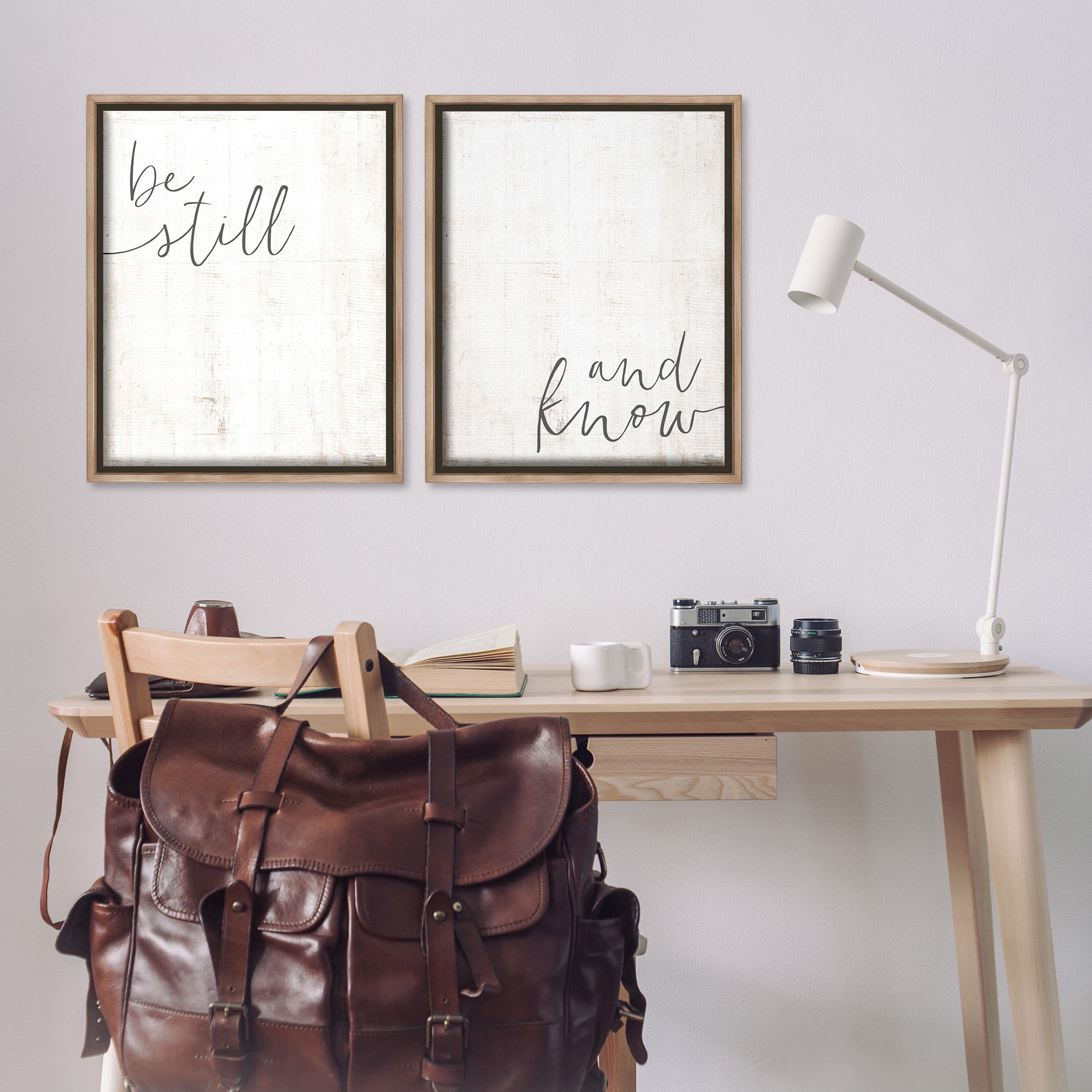 Stupell Industries Be Still & Know Spiritual Calligraphy Inspirational Painting Brown Floater Framed Canvas Art Print Wall Art, 25 x 31, Set of 2