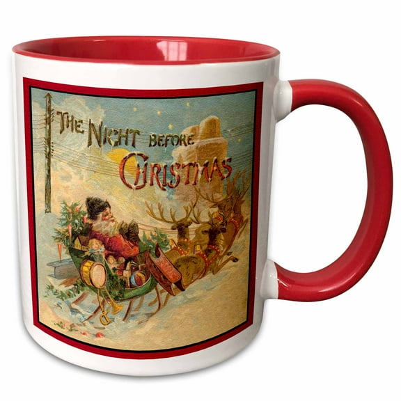 3drose, Night Before Christmas Santa in Reindeer Pulled Sleigh, 11oz Two-tone Red Mug