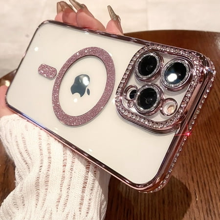ELEHOLD MagSafe Compatible iPhone 13 Glitter Plating Case with Diamond Camera Lens Protector, Cute Luxury Bling Rhinestones Soft Clear Transparent TPU Magnetic Case for iPhone 13,Rosegold