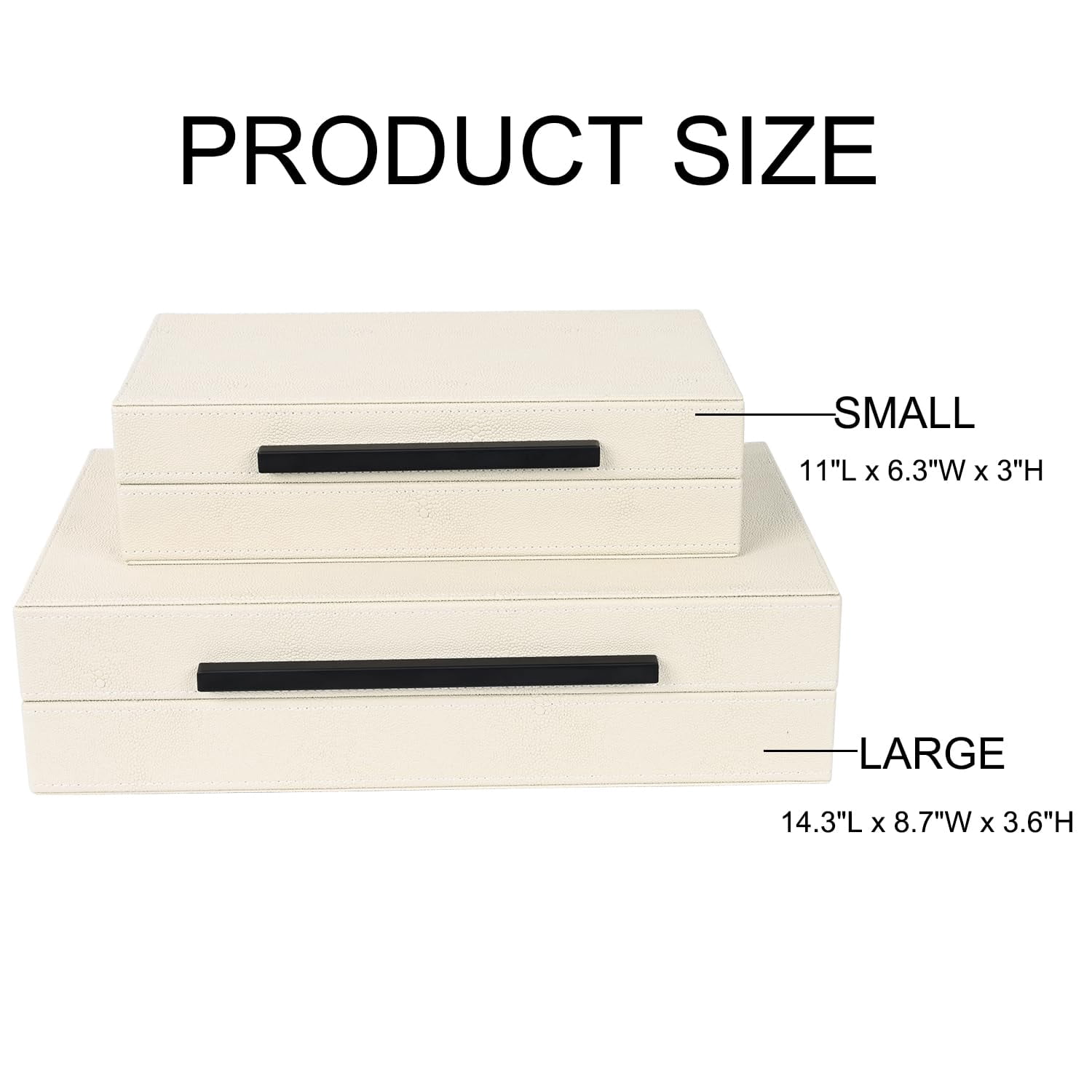 Beige Shagreen Decorative Storage Boxes - Set Of 2 Faux Leather & Memory With Black Metal Handles  Nesting Photo Organizers For Home Decor Gift And Office Organization