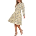 thumbnail image 4 of Vestido midi vintage de flores con cinturón y mangas largas de gasa con cuello atado de Allegra K para mujer XL blanco y amarillo, 4 of 6