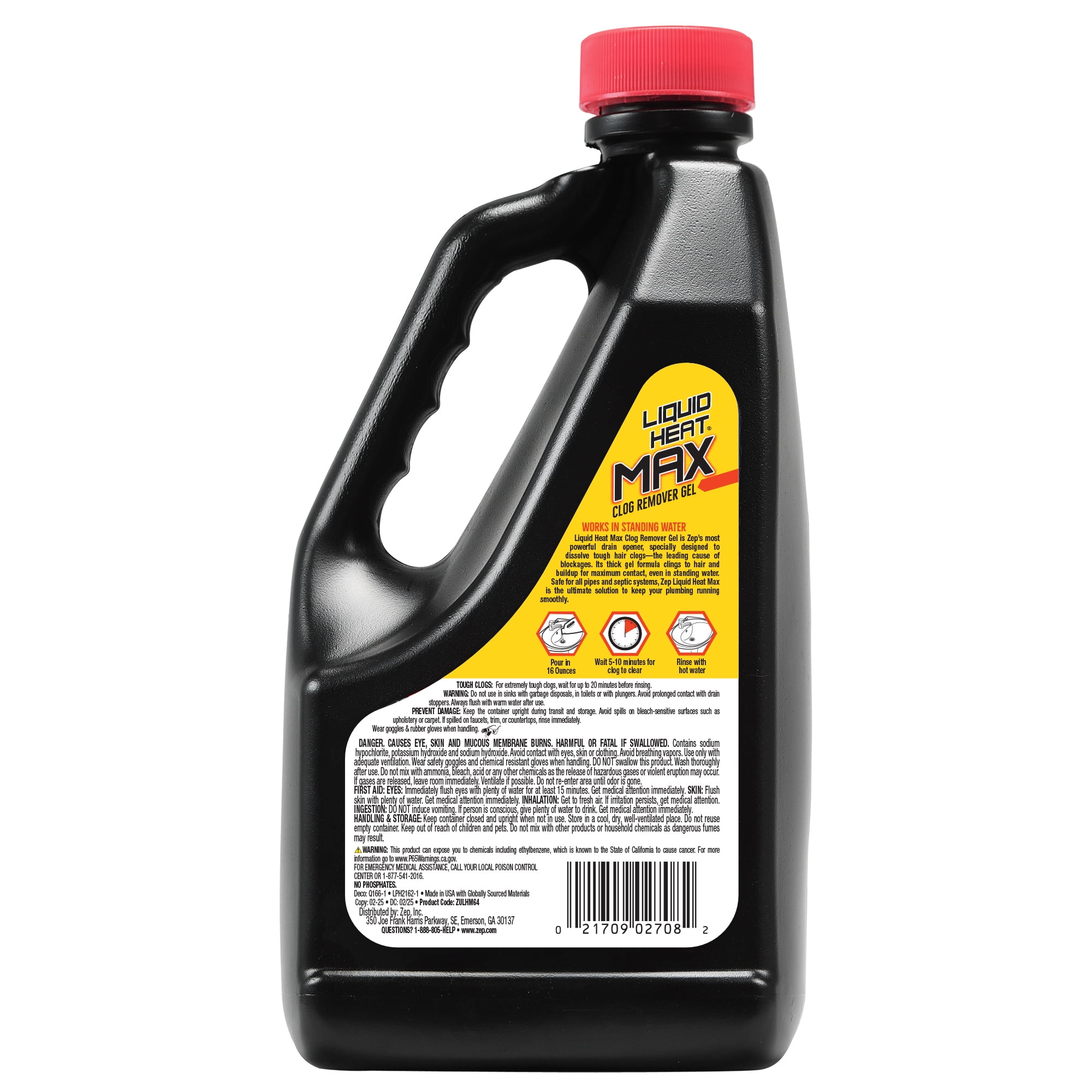 Zep Liquid Heat Max Gel Drain Opener, 64 FL OZ – Commercial-Strength Clog Remover for Sinks, Tubs & Showers