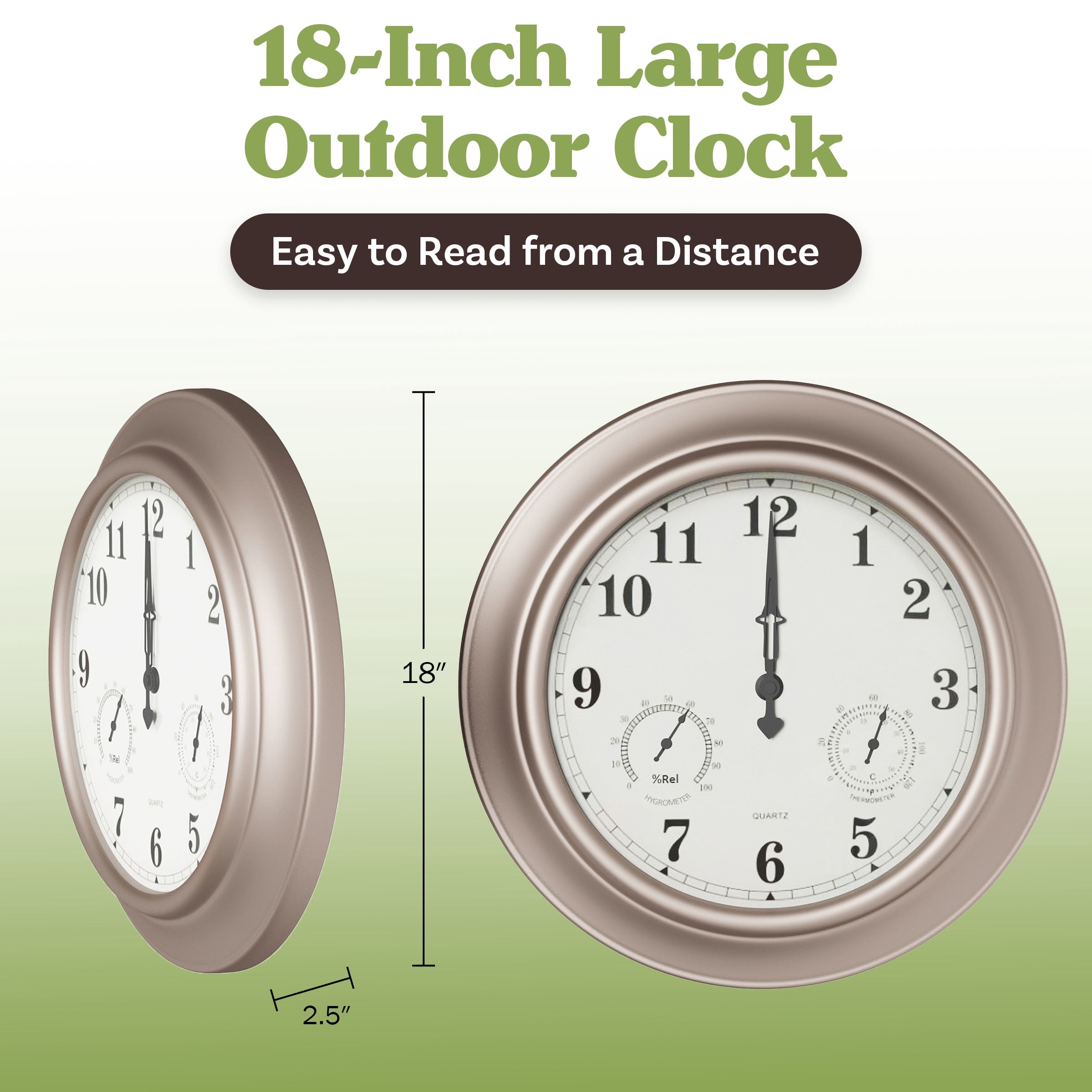 Pure Garden 18in Waterproof Indoor Outdoor Clock Thermometer Combo, Silver