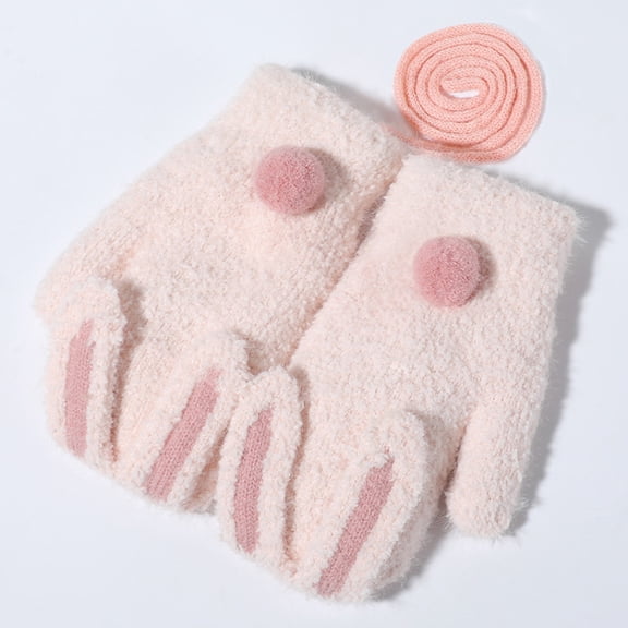 Krdevn Kids Winter Mittens Cartoon Bunny Design Fuzzy Plush Thermal Lined Anti Lost Hanging String Soft Warm Hand Covers for Cold Weather Outdoor Daily Play Activities