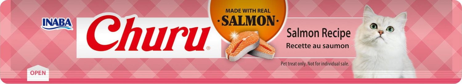 INABA Churu Cat Treats, Grain-Free Lickable Creamy Purée with Vitamin E - Salmon Recipe 4 tubes 56g (4x14g)
