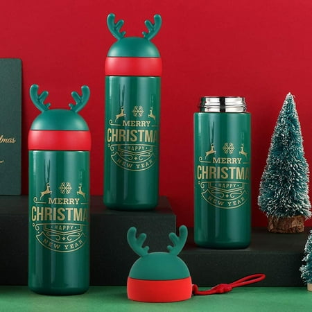 

BIGTREE Holiday Christmas Green Water Bottle Reindeer Vacuum Insulated Stainless Steel Water Bottle Xmas Gift 330ml
