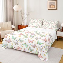 jejeloiu Cute Cartoon Butterflies Twin Sheet Sets,Colorful Cartoon Floral Twin Fitted Sheet,Multicolor Flying Animals Flat Sheet For Kids,Breathable Home Decor,3-Piece