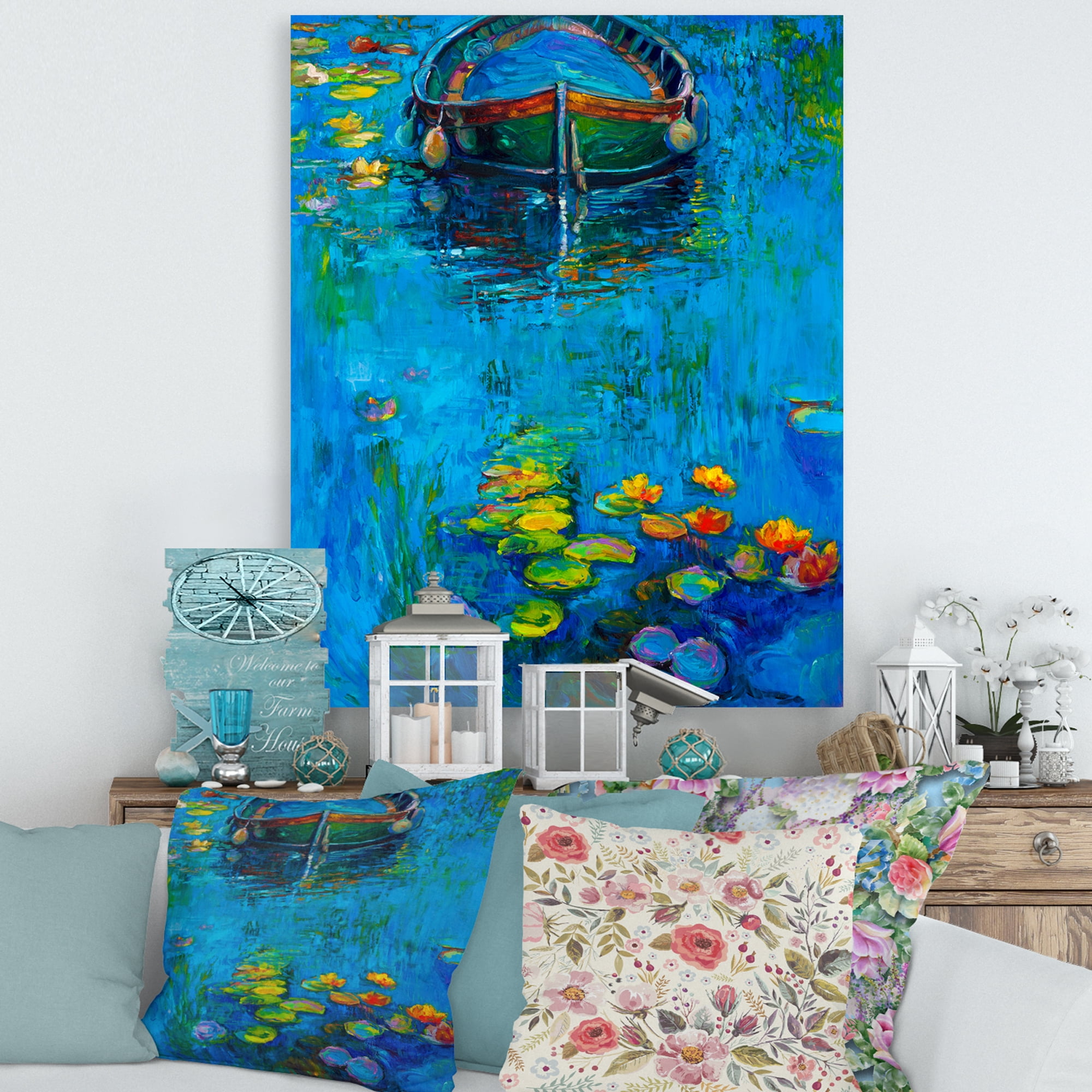Designart ' Boat In Blue Lake ' Nautical & Coastal Canvas Wall Art Print