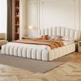 thumbnail image 3 of Queen Size Floor Bed Frame with Shell-Shaped Headboard and Wooden Slats, Velvet Upholstered Platform Bed with Soft Cushioning All Around Guards, No Box Spring Needed, Easy Assembly, 3 of 7