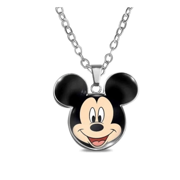 Mickey Mouse Cartoon Character Face Glass Domed Metal Pendant Necklace