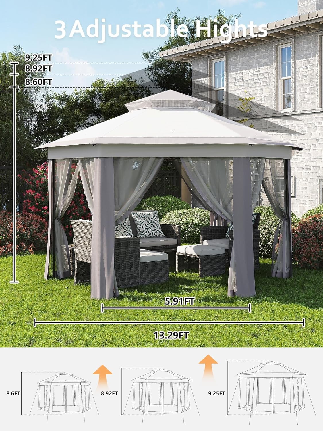 Senfot 13.29x13.29x9.25 FT Hexagonal Gazebo Screen Tent with Mosquito Netting Waterproof UV Protection for Patio Garden Gray