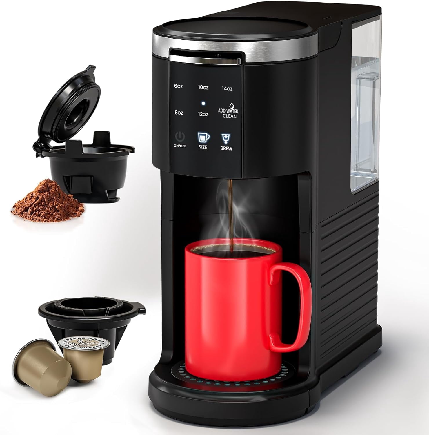 WAA 2 in 1 Single Serve Coffee Maker,Cup/Ground Coffee, 6-14 Oz, 40oz Tank, Auto Clean, Black