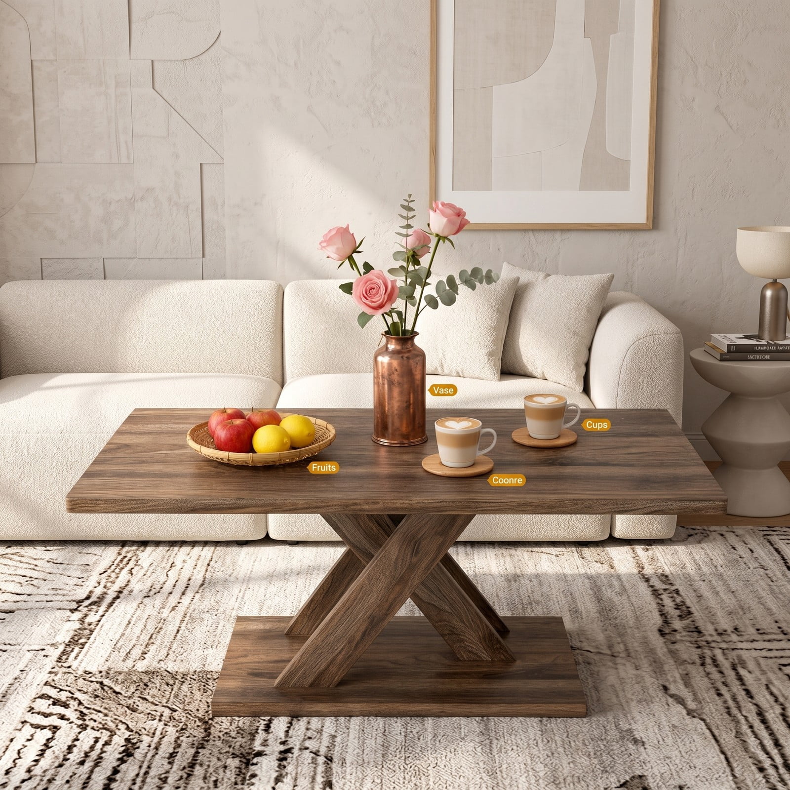 Furnibear 37.5 Inch Rectangular Coffee Table, Modern Rubber Wood Center Table with Wide Stable Base and Anti-Slip Foot Pads for Living Room Bedroom Office, Rustic Brown