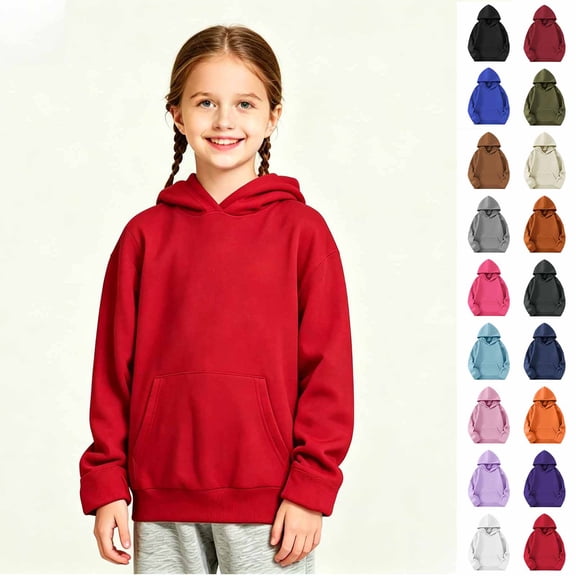 Girls Solid Pullover Hoodie with Kangaroo Pocket, Kids Lightweight Long Sleeve Hoodie, Size 4-18
