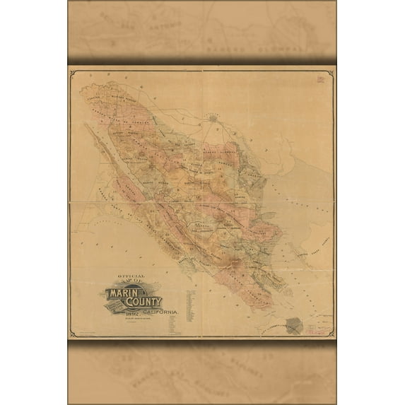 24"x36" Gallery Poster, Official map of Marin County, California 1892