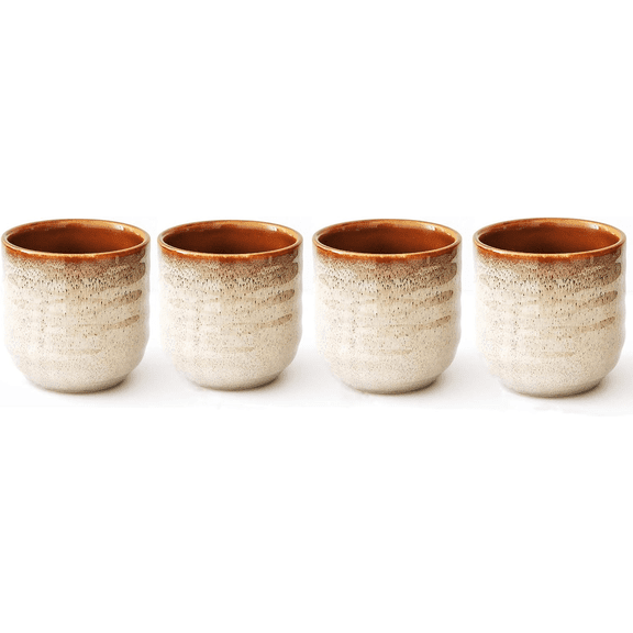 4 Pcs Japanese Ceramic Tea Cups, Brown Reactive Glaze Design, Handcrafted Textured Pottery, 6.8 fl oz / 200 mL Heat Resistant Mug, Vintage Oriental Style, Mug for Hot & Cold Beverages