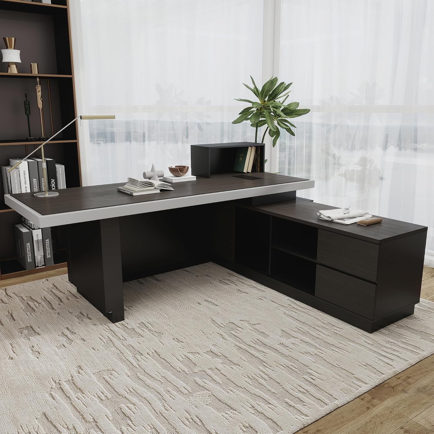 Vivvoo 78.7" Black  L Shaped Executive Desk with Drawers Light for Home Office(Right Return)
