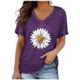 thumbnail image 1 of Pompotops T-Shirt Mode Femme Imprimé Couleur Unie Col en V Manches Courtes Tee Décontracté, 1 of 5