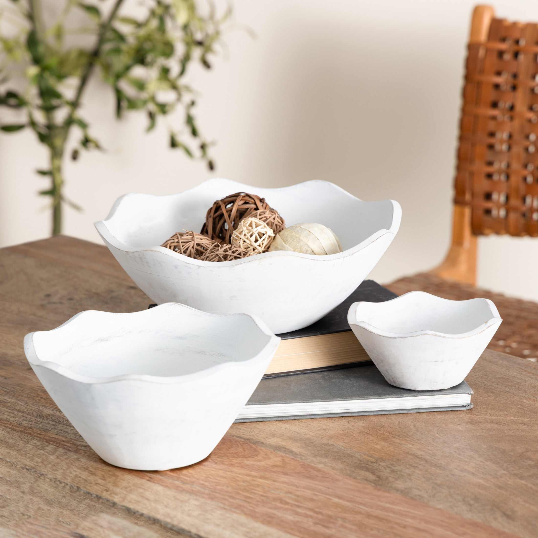 DecMode 12", 9", 6"W Handmade Round Floral White Mango Wood Decorative Bowl, Set of 3