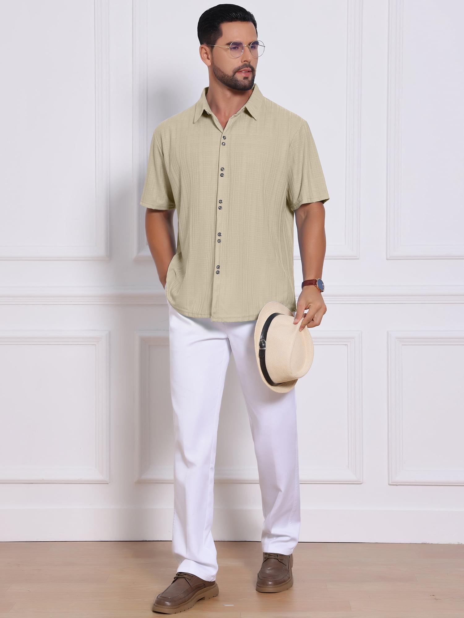 DARING DIVA Men's Texture Short Sleeve Button Down Casual Knitted Shirt S Khaki
