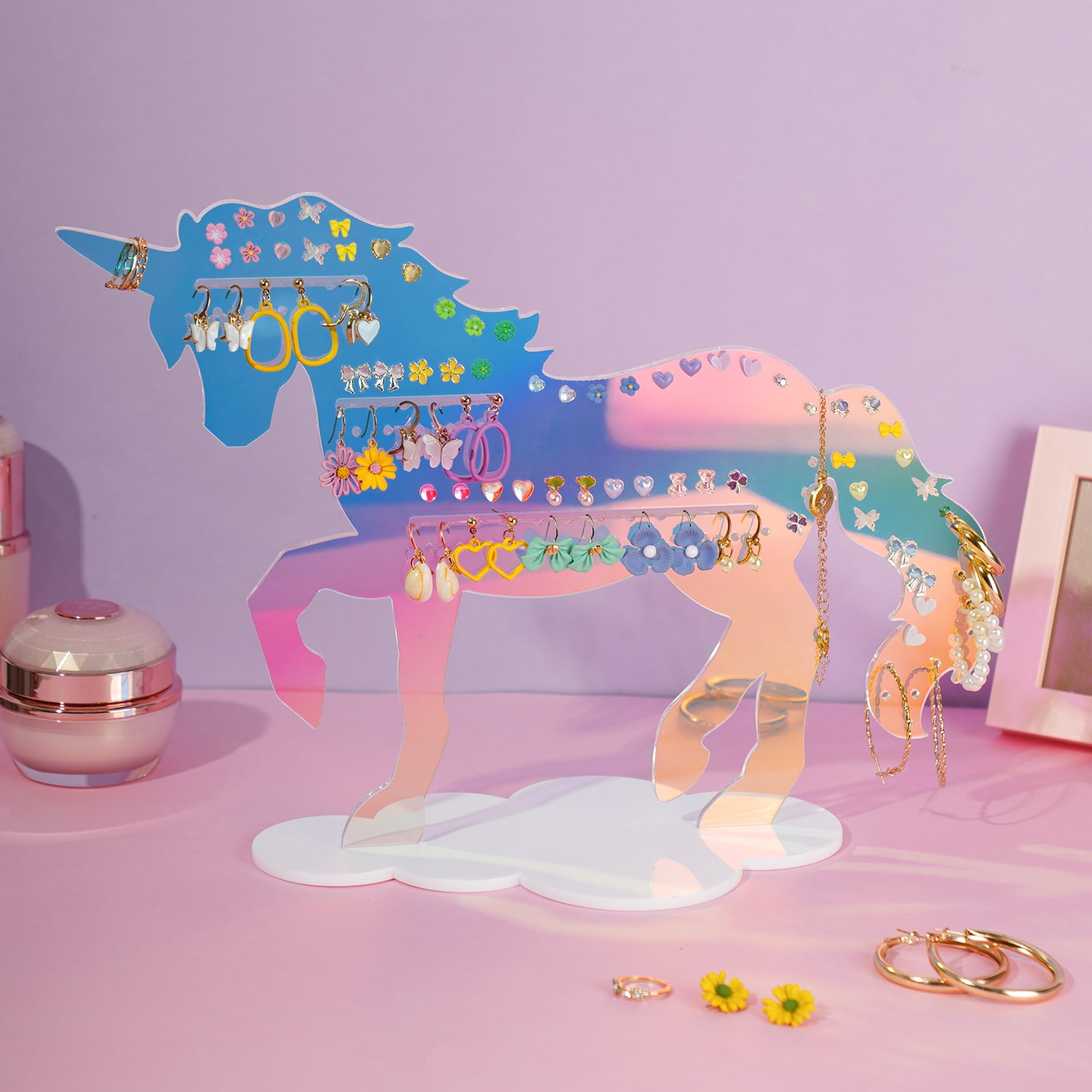 NiHome Iridescent Acrylic Unicorn Earring Organizer Rack, Rainbow