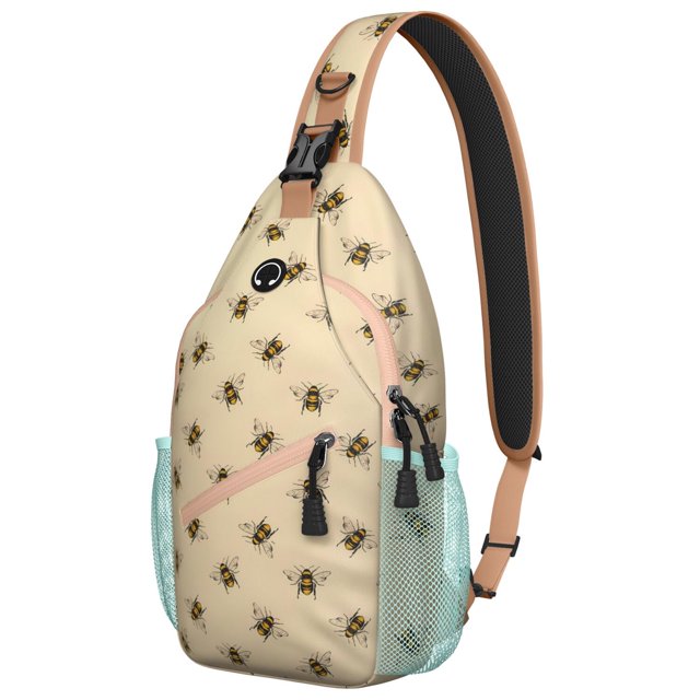 Funny Bee Pattern Sling Backpack, Honey and Bumble Bee Print Crossbody Bag with Cartoon Hive Design for Bee Lovers