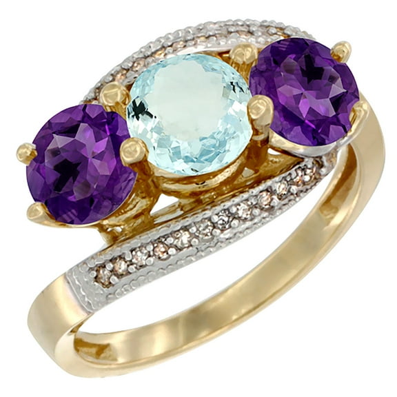 14K Yellow Gold Natural Aquamarine & Amethyst Sides 3 stone Ring Round 6mm Diamond Accent, size 10