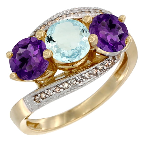 14K Yellow Gold Natural Aquamarine & Amethyst Sides 3 stone Ring Round 6mm Diamond Accent, size 6.5