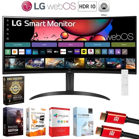 LG 34SR65QC-B 34 Inch Smart Monitor WQHD 1440P Curved Screen with Adjustable Stand Bundle with Elite Suite 18, 2x HDMI Cable and Deco Gear CPS Exclusive 26 Month Protection Pack (BEACH-CPS-26M500)