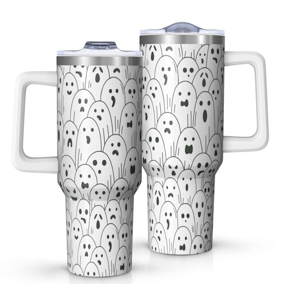 Black and White Halloween Ghosts Tumbler with Handle and Lid,40oz Double Wall Vacuum Insulated Tumbler,Cups Gift for Women and Men