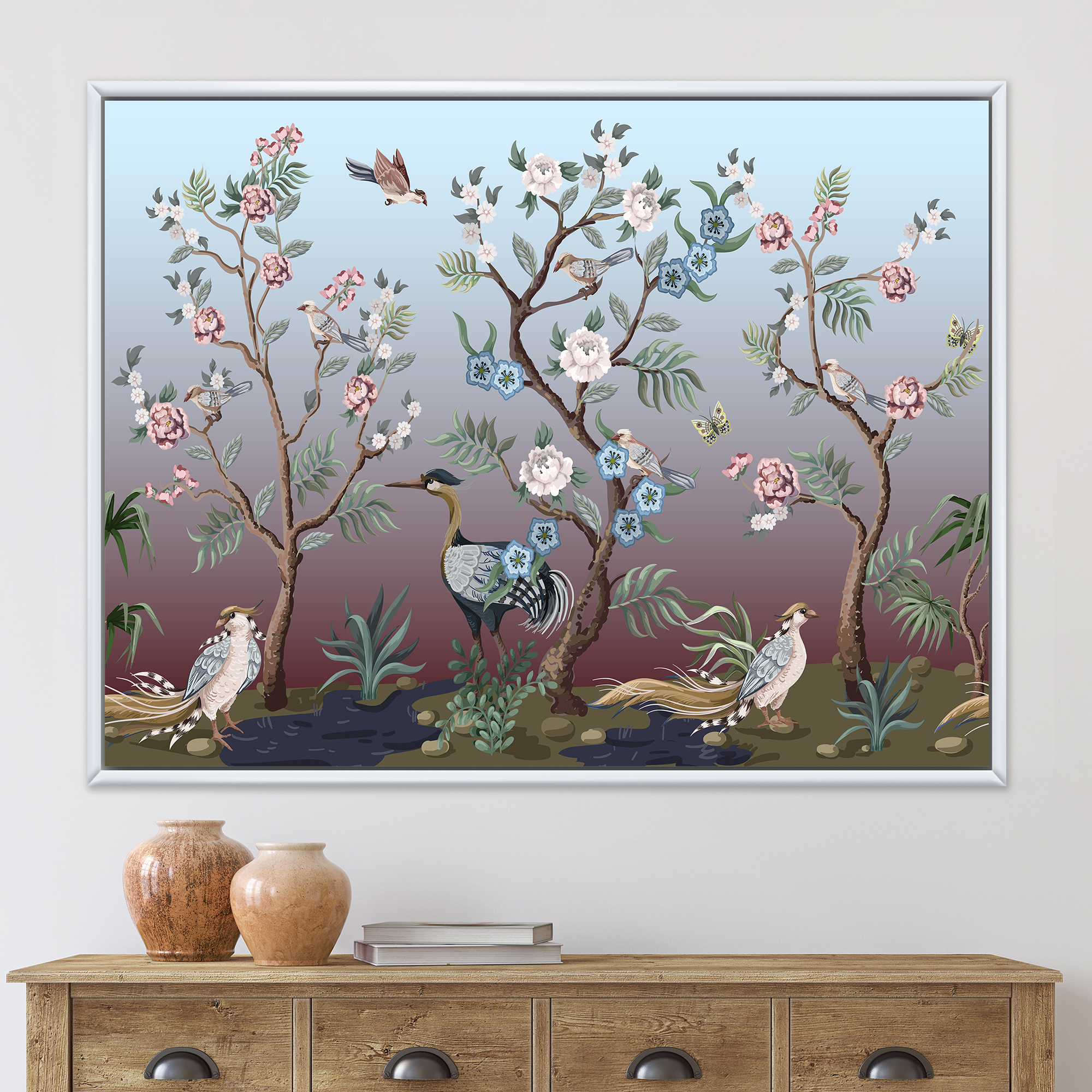 Designart 'Chinoiserie With Peonies and Birds XI' Traditional Framed Canvas Wall Art Print