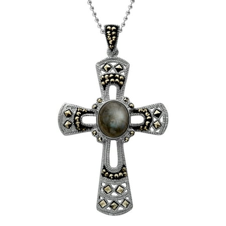 Labradorite & Marcasite Cross Pendant Necklace in Sterling Silver