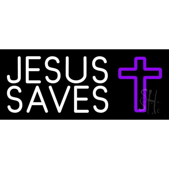 White Jesus Saves Purple Cross LED Neon Sign 10" Tall x 24" Wide - inches Black Square Cut Acrylic Backing, with Dimmer - Premium built indoor Sign for Home décor, Religious place, Store interior.