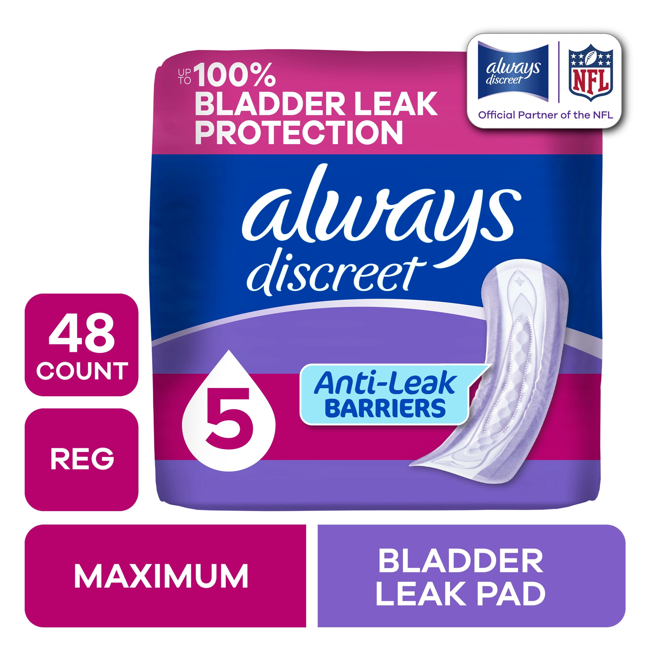 (2 pack) Always Discreet Incontinence Pads for Women, Maximum Absorbency, Regular Length, Postpartum Pads, 48 Count