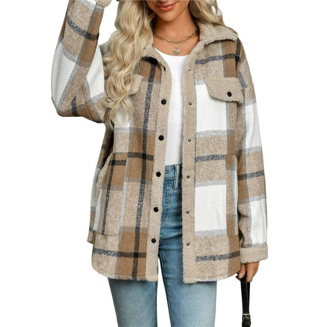 Chaqueta de Franela A Cuadros con Botones, Estilo Casual, Larga, con Bolsillos, Ideal para Otoño. Caqui L