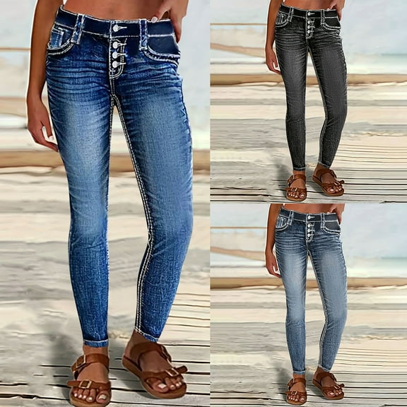 jtjvou Women's Mid Waisted Button Fly Straight Leg Front Jeans Topstitching Ripped Casual Denim Pants Black L