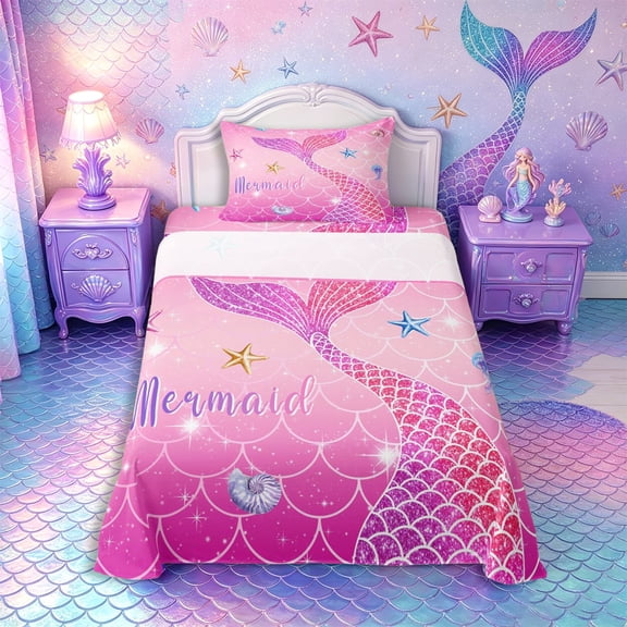 Castle Fairy Glitter Mermaid Tail Tile Twin Sheets 3pcs,Starfish Shell Pastel Scale Seamless Print Bedding,Hot Pink,1 Fitted Sheet,1 Flat Sheet and 1 Pillowcase