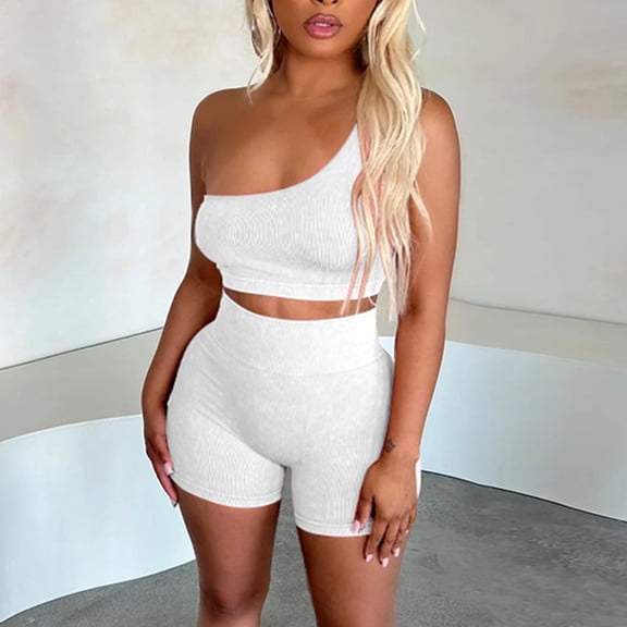 Chbgutlmr Workout Sets for Women 2 Piece Outfits Sleeve Less One Shoulder Tank Top High Waisted Shorts Casual Fitted Yoga Gym Set