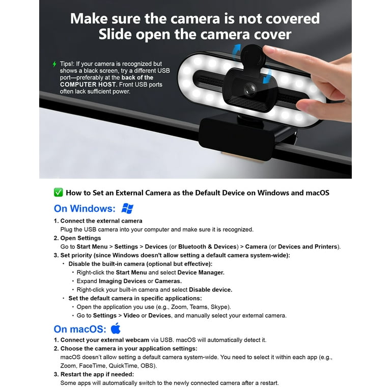 Atzeste 4K HD Webcam with Ring Light, 120° Wide Field, Autofocus