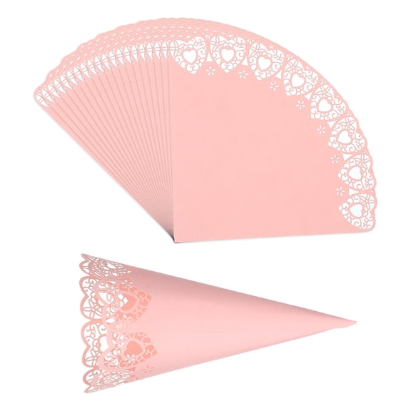 Uxcell Wedding Confetti Cones, 50 Pcs Paper Tapers Hollow Print Cone Bouquet for Party Heart Gift Pink