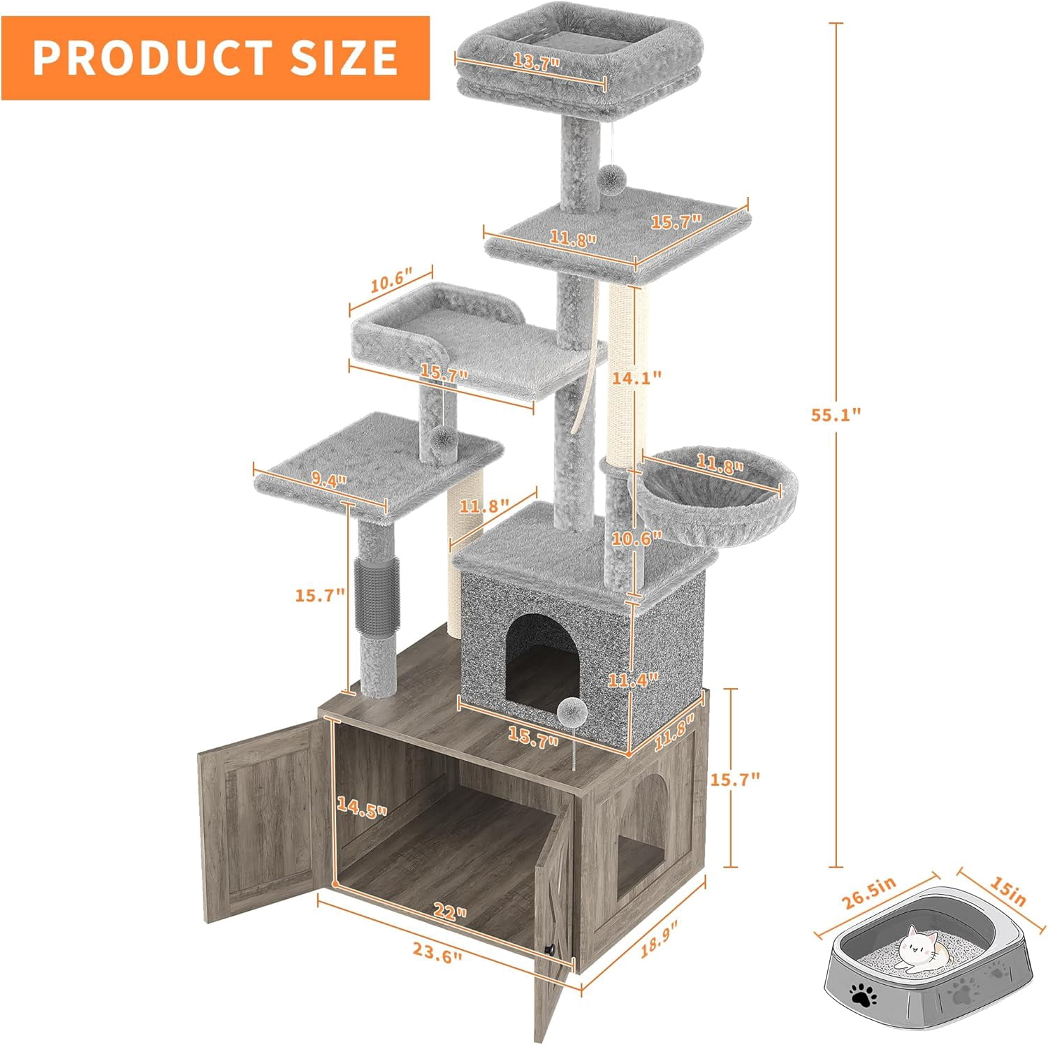 Cat Tree with Litter Box Enclosure, 2-in-1 Modern Cat Tower with Scratching Posts, Multiple Platform and Large Condo, Multilevel Indoor Kitten House, Grey