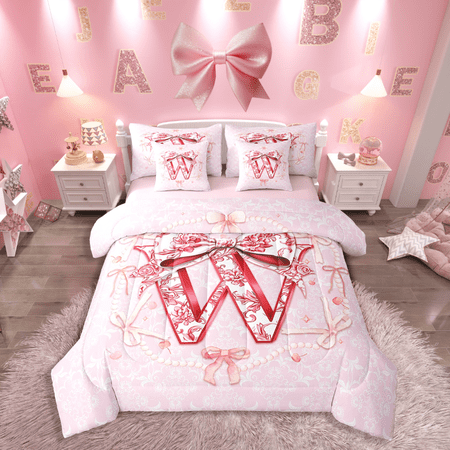 Castle Fairy Initial Monogrammed 7-Piece Twin Bedding Sets Pink Bow Bedding Comforter Set Floral Flower Breathable Sheet Sets Super Cozy Alphabet Bedroom Decorative