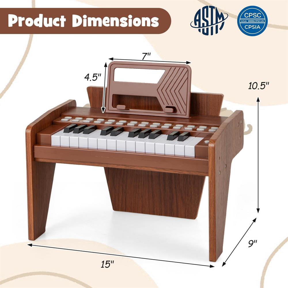 Topcobe 25 Keys Kids Piano Keyboard with Adjustable Speed and Volume, Keyboard Piano, Music Keyboard-Brown