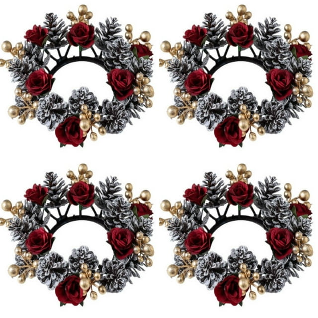 Christmas Candle Rings Wreath 3 Inch Center Pine Cone Red Berry Artificial Greenery Candle Holder Centerpiece for Holiday Table Mantle Decor