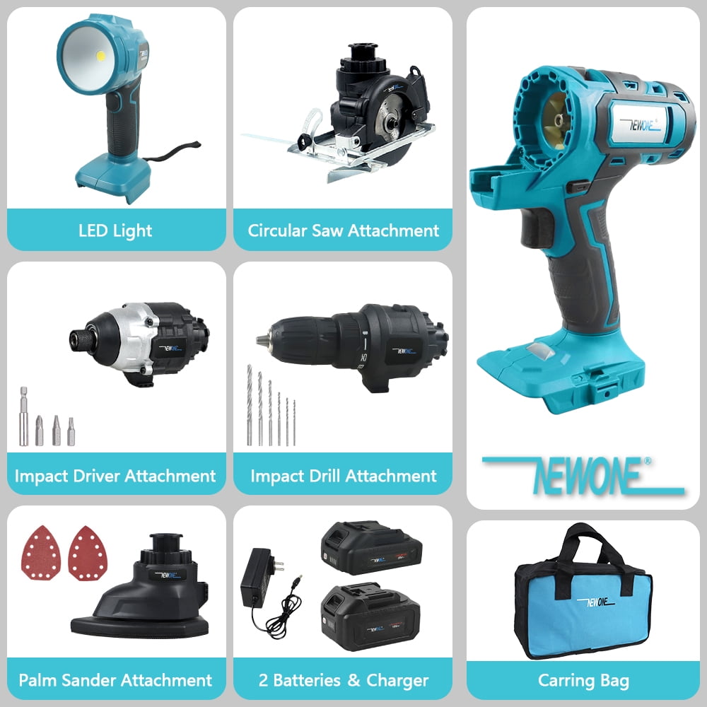 NEWONE Cordless Power Tool Combo Kit 18V 5 Attachments Work Light, Circular Saw, Palm Sander, Drill, Impact Driver 2 Batteries and Fast Charger Cordless Power Tool Set