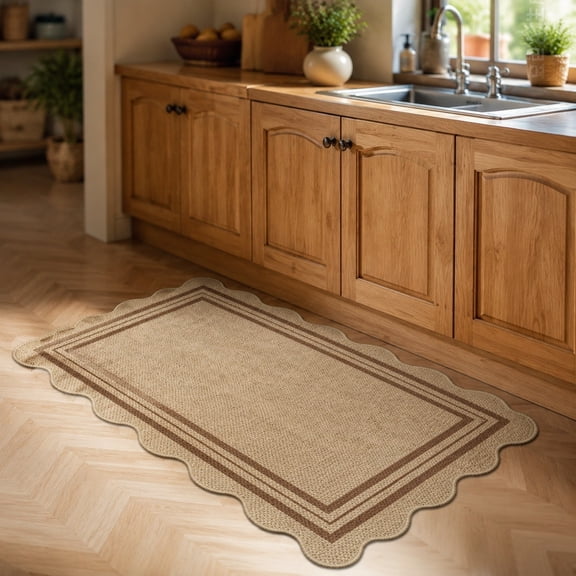 Eolstice Scalloped Beige Area Rug, Linen Textured Bordered Entryway Mat, Non Washable Floor Mat, For Front Door Kitchen Bathroom, Bedroom Decor